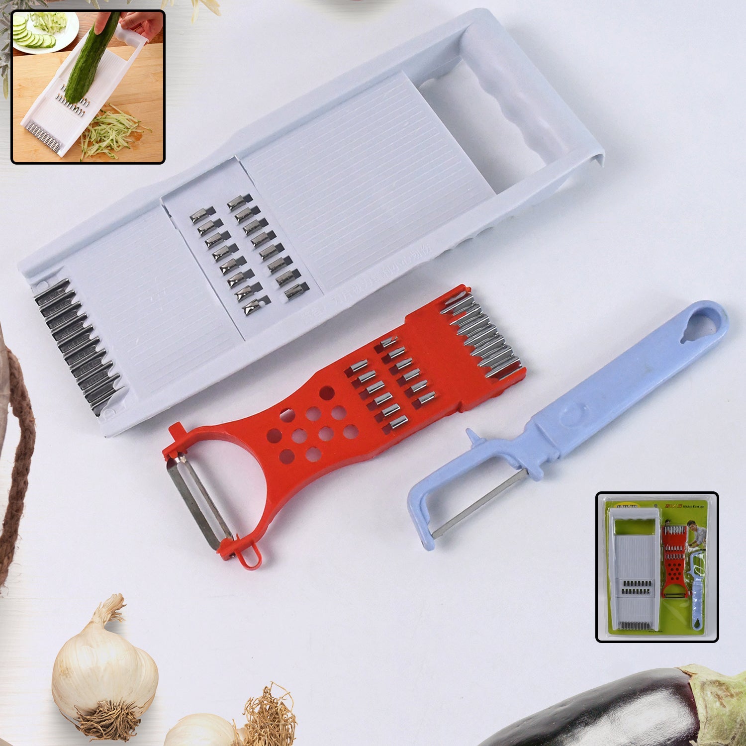 3 in 1 Kitchen Set: Grater Base, Slicing Attachment, and Peeler (3 Pcs Set)