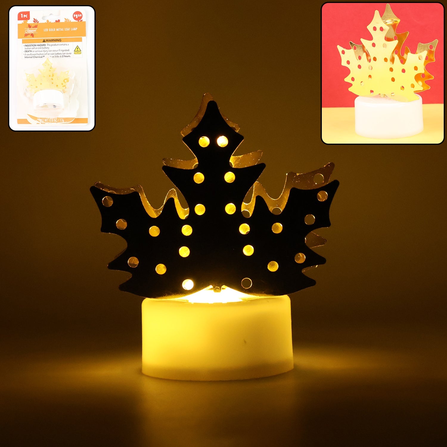 Decorative LED Gold Metal Leaf Diya Lamp, Diwali (1 Pc)