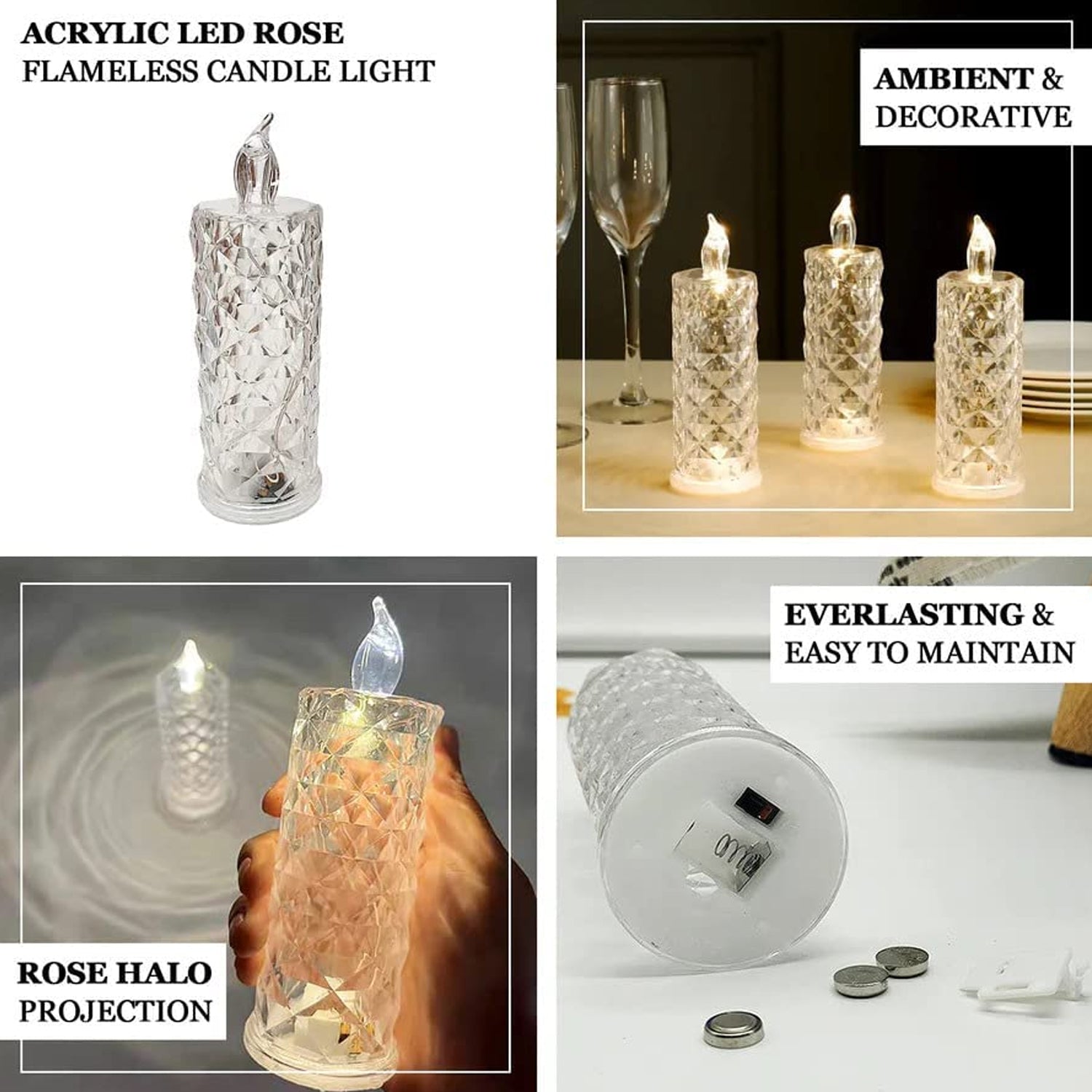 Rose Candles LED Flameless and Smokeless Decorative Acrylic Transparent Candles Led Tea Light Candle Perfect for Gifting, Home, Diwali, Christmas, Crystal Candle Lights, Diwali (1 Pc)  (MOQ :- 12 pc )