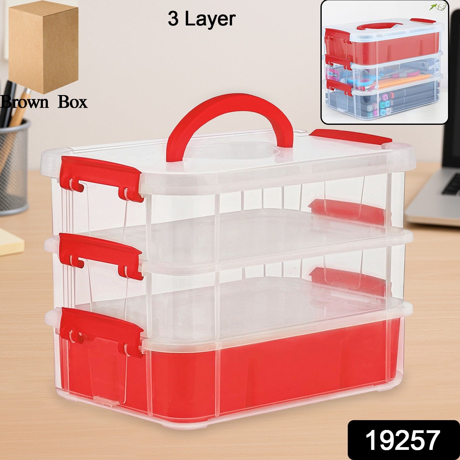 3-Layer Multi-Purpose Transparent Plastic Storage Carry Box with Handle