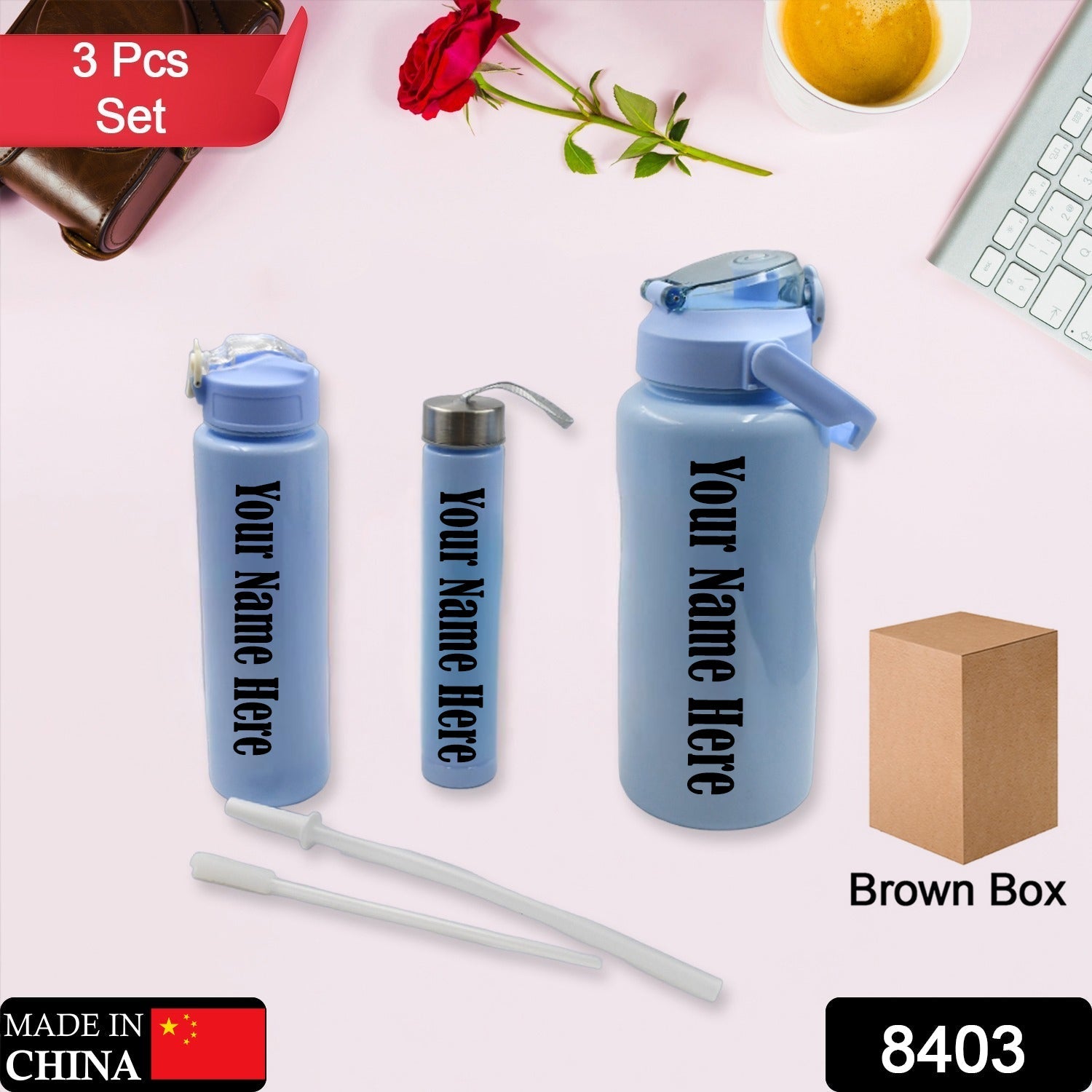 Customize Plastic Water Bottle 3pc Set,3 Different Size Bottle High Quality Water Bottle Plastic Water Bottle BPA-Free & Leak-Proof! Cartoon Printed Design for Kids' School, For Fridge, Office, Sports, School, Gym, Yoga (3 Pc Set)