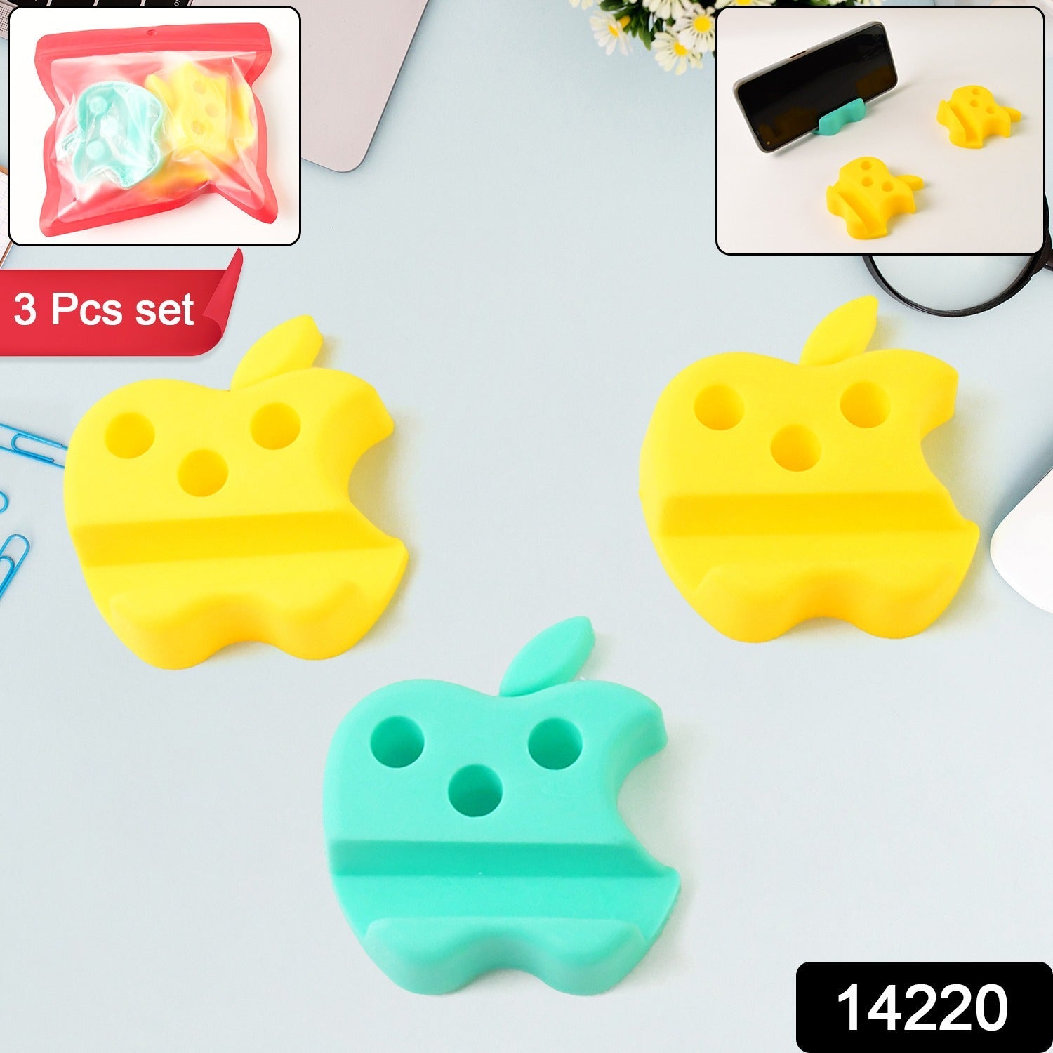 Multi-Functional Apple-Shaped Plastic Mobile Stand with Pen Holder (3 Pc / Mix Color)