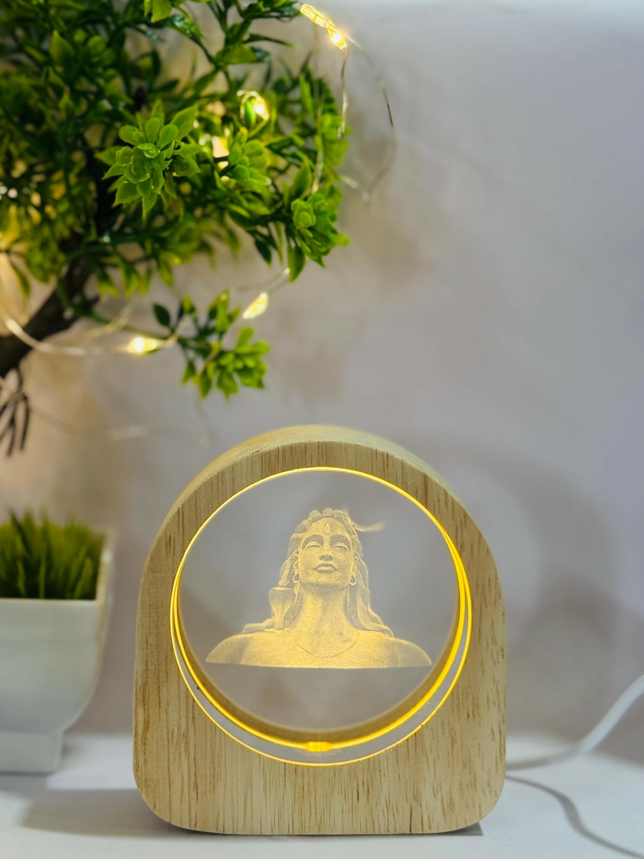 Premium Wooden Frame LED Night Lamp with 3D Lord Shiva Laser Engraved Crystal Glass – Touch Sensor Light | Home Décor Spiritual Gift for Office, Bedroom, Pooja Room | USB Powered Table Lamp (Yellow Glow)