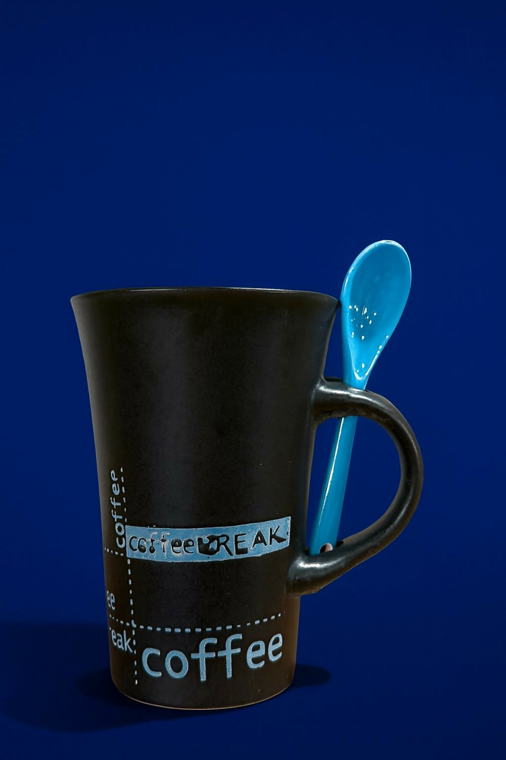 Black Ceramic Coffee Mug with Blue Spoon – Stylish Coffee Break Printed Tea & Coffee Cup with Handle Slot Spoon | Microwave & Dishwasher Safe Mug for Home, Office & Gifting
