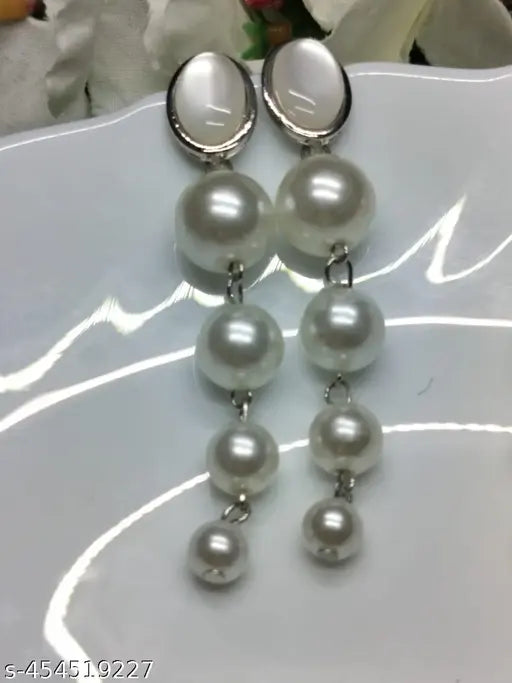 Partywear Long Pearl Silver Plated Earrings
