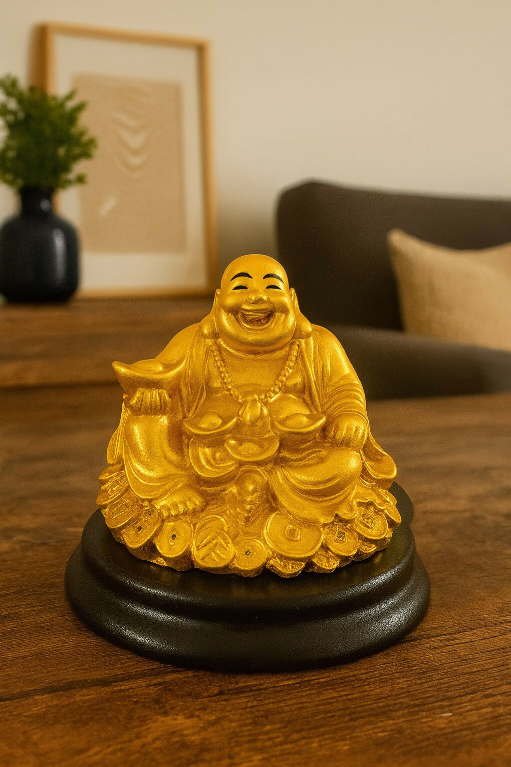 Golden Laughing Buddha Idol Sitting on Wealth Coins with Ingot – Feng Shui Resin Statue on Black Base for Home, Office, Shop & Spiritual Decor – Symbol of Prosperity & Joy