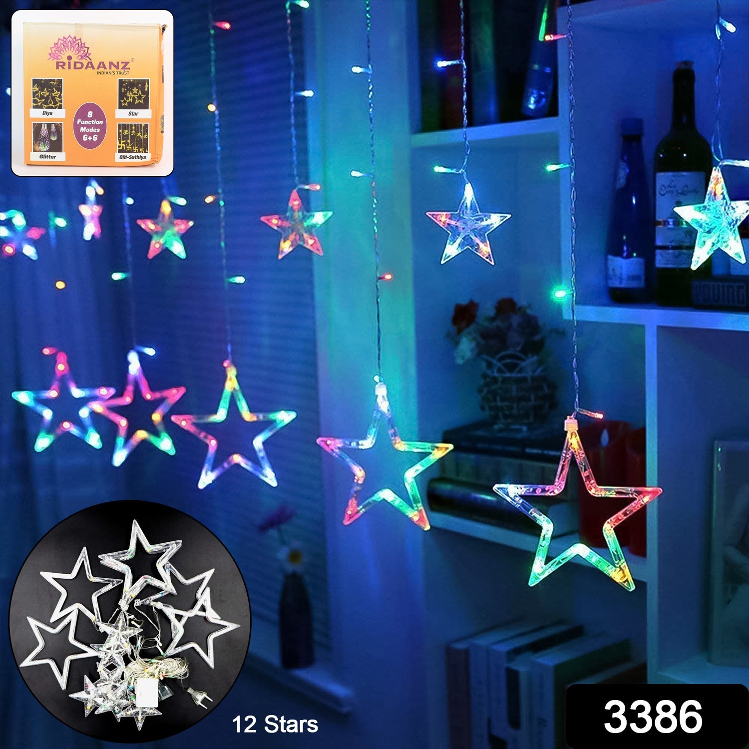 12 Stars LED Curtain String Lights with 8 Flashing Modes for Home Decoration, Diwali & Wedding LED Christmas Light Indoor and Outdoor Light ,Festival Decoration (Multicolor / With Box)