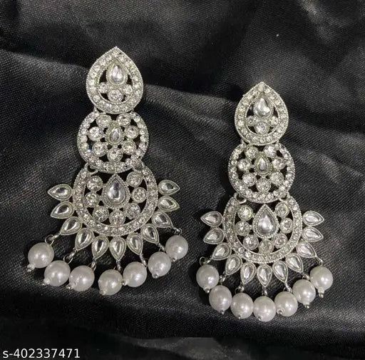 Silver Plated Long Diamond and Pearl Earrings