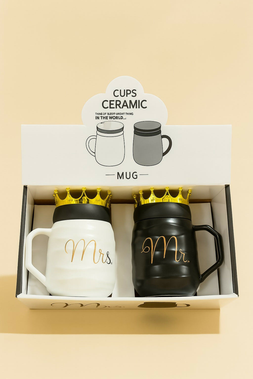 Mr. & Mrs. Ceramic Coffee Mug Set with Golden Crown Lids – Black & White Couple Mugs Gift Box – Romantic Anniversary or Wedding Gift for Husband and Wife