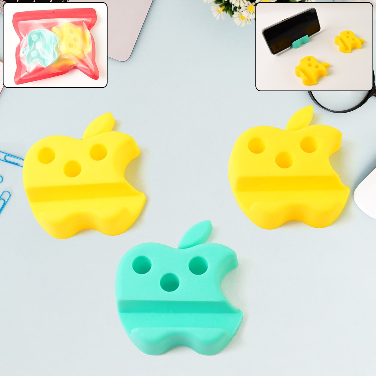 Multi-Functional Apple-Shaped Plastic Mobile Stand with Pen Holder (3 Pc / Mix Color)