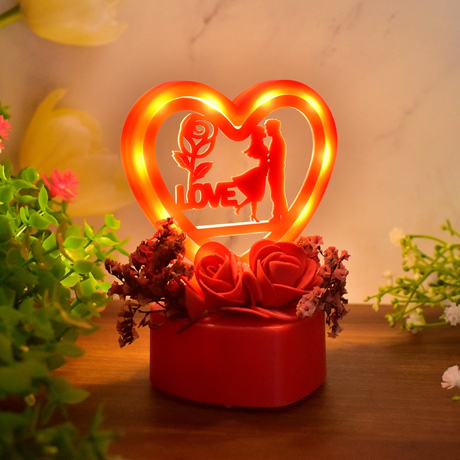 Romantic Heart-Shaped Love Couple Decorative Showpiece with Rose Base (1 Pc)