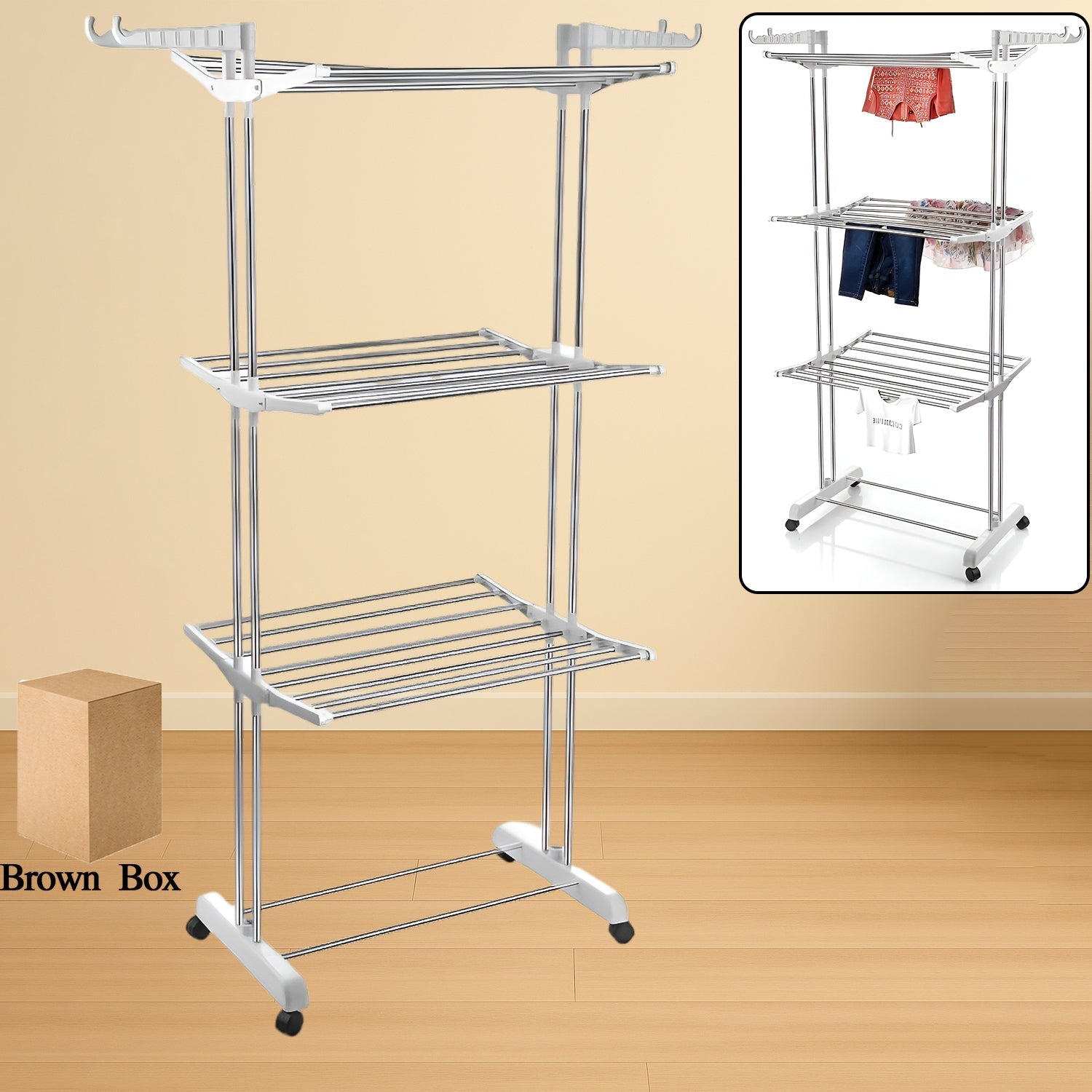 3-Tier Foldable Stainless Steel Cloth Drying Stand with Wheels