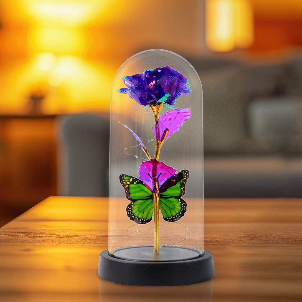 LED Preserved Rose with Colorful Butterfly in Plastic Dome (1 Pc & Mix Color)