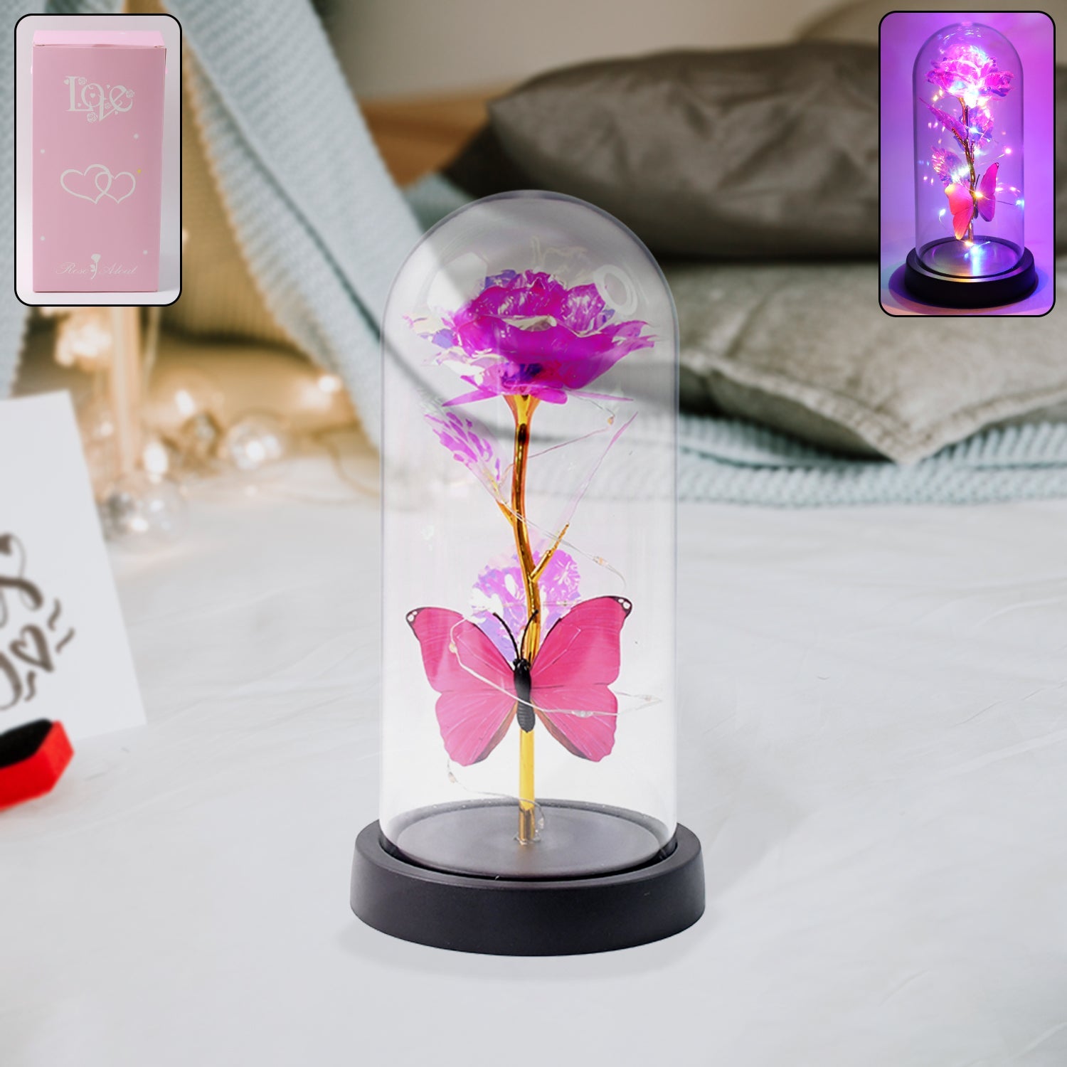 LED Decorative Rose with Butterfly in Transparent Plastic Dome (1 Pc / Battery Not Included)