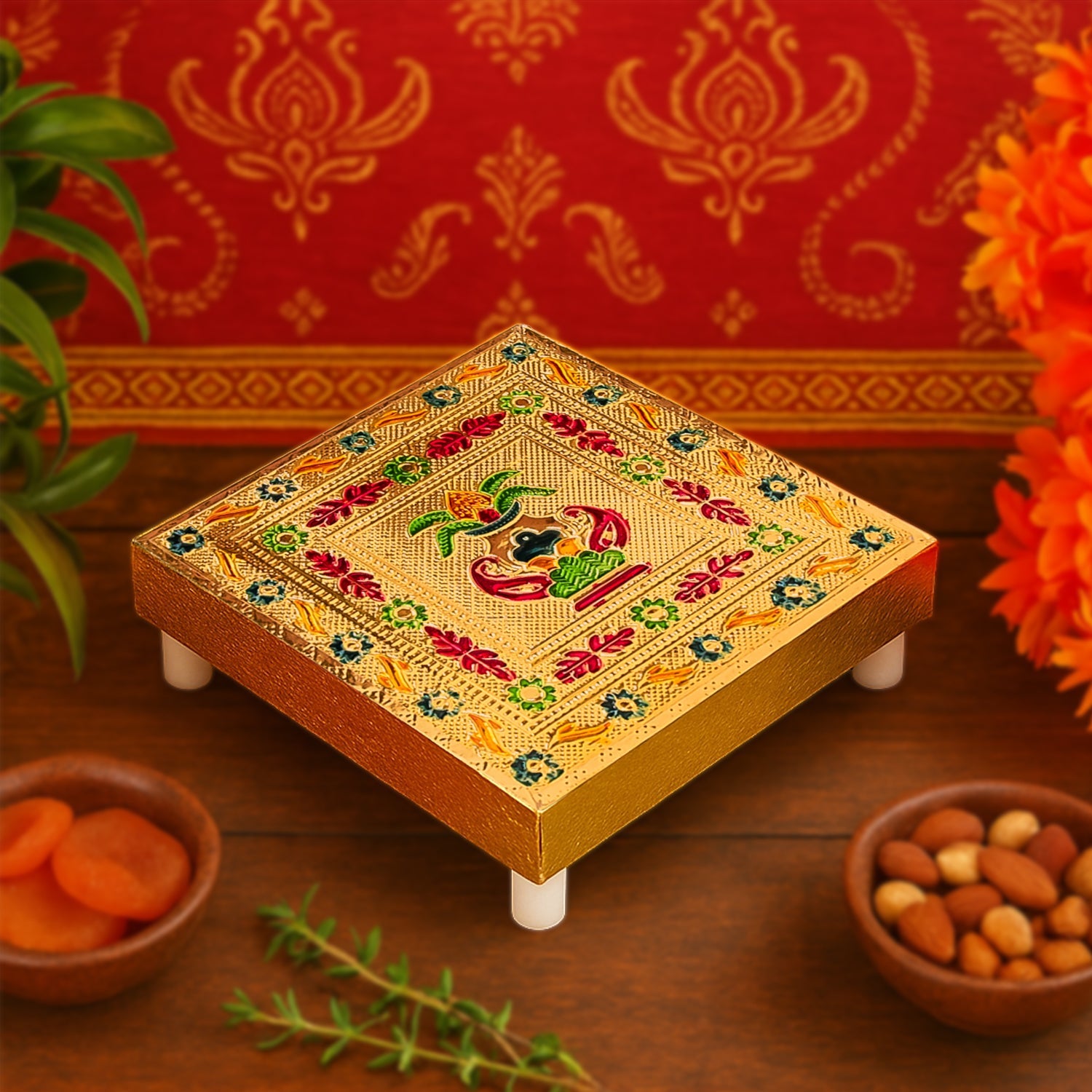 Handicraft Wood Chowki for Pooja , Wooden Bajot (1 Pc / Mix Descign & Color)