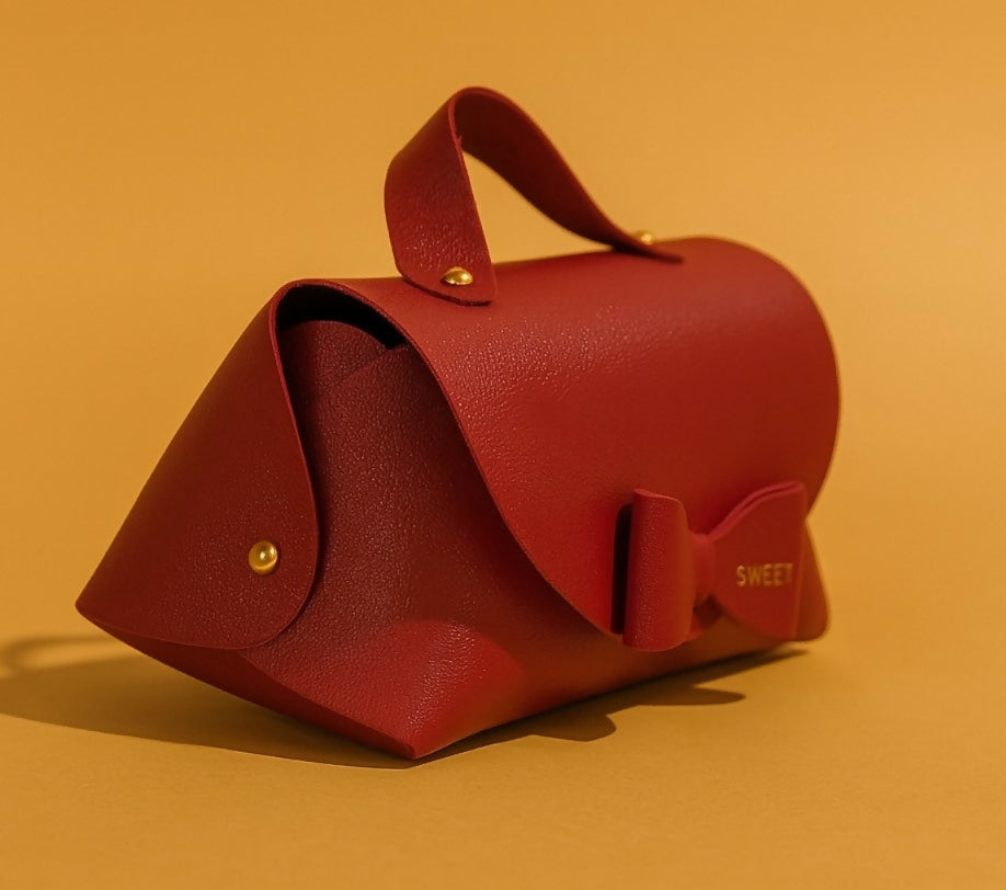 Cute Red Faux Leather Handbag with Bow Design | Mini Gift Pouch Purse for Women, Girls, Party Return Gift, Candy or Jewelry Storage – "Sweet" Print