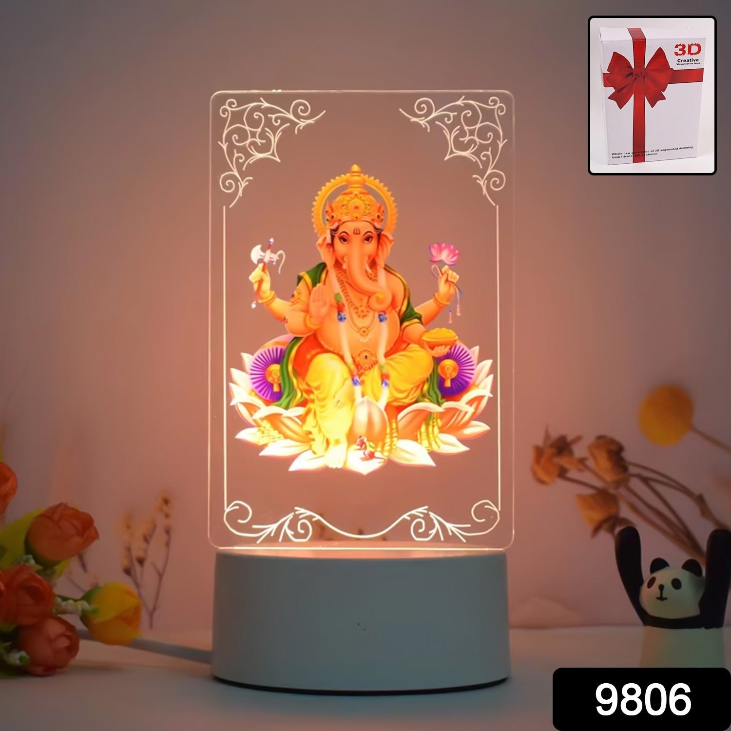 Beautiful 3D Lord Ganesh Frame with soft white light, Ganesh Ganesha (1 Pc)