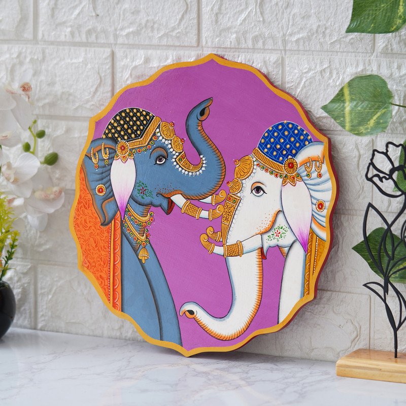 A beautiful pichwai painting of two elephants standing next to each other on a purple plate.