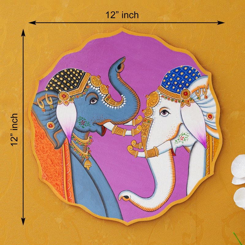 A beautiful pichwai painting of two elephants standing next to each other on a purple plate.
