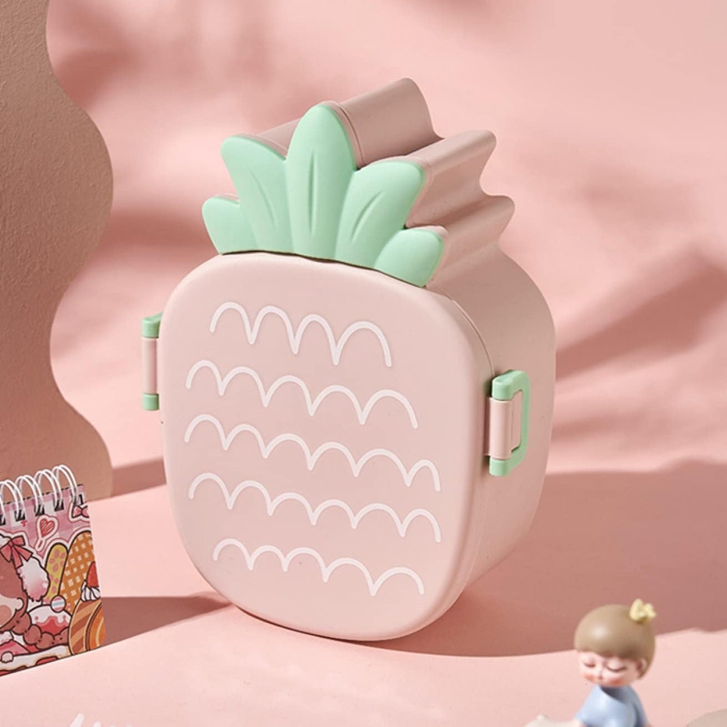 Customize Kids Lunch Box Cute Pineapple Shaped Bento Box with Fork Spoon Snack Container Microwave Portable Office Lunch Box (1 Pc / With Spoon, Fork & Color Box)