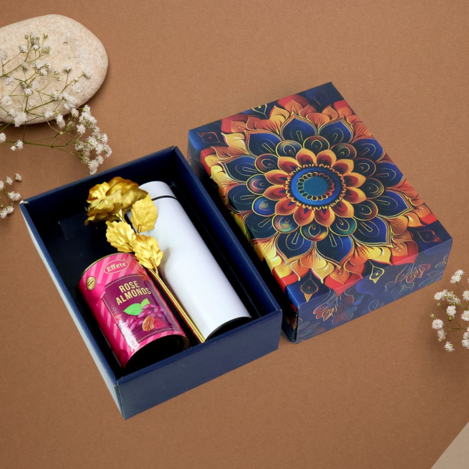Effete Rose Almonds Gift Hamper, Golden Rose With Bottle (3 Pc Set)