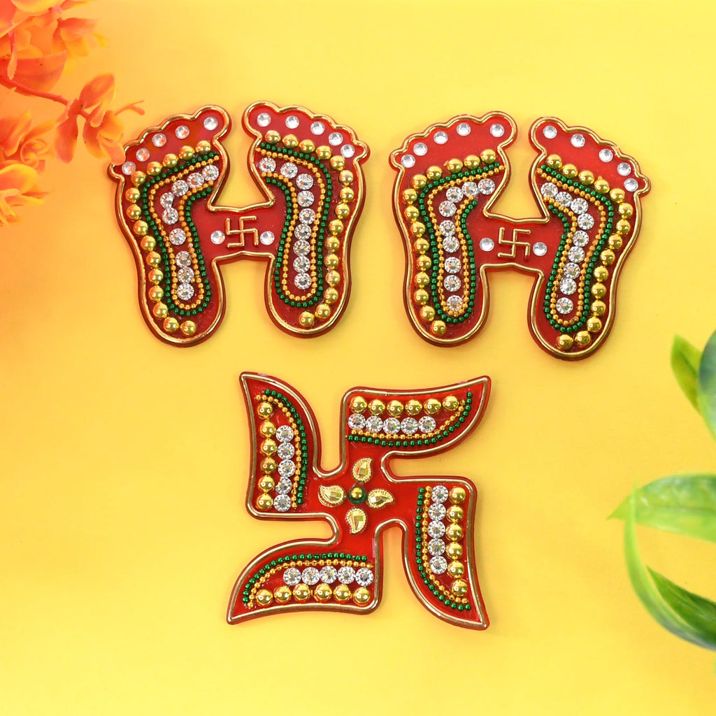 Decorative Laxmi Charan (Pagla) & Swastik Combo Set (3pc Set)
