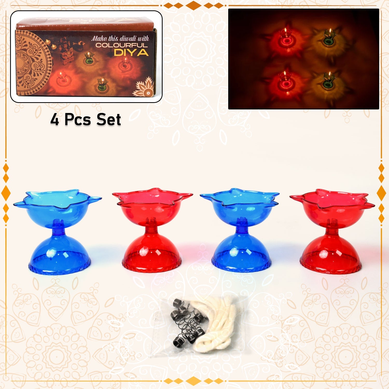Colourful Reflection Diya Combo Plastic Candle Cup with Multi Shape, Diwali (4 Pcs Set)