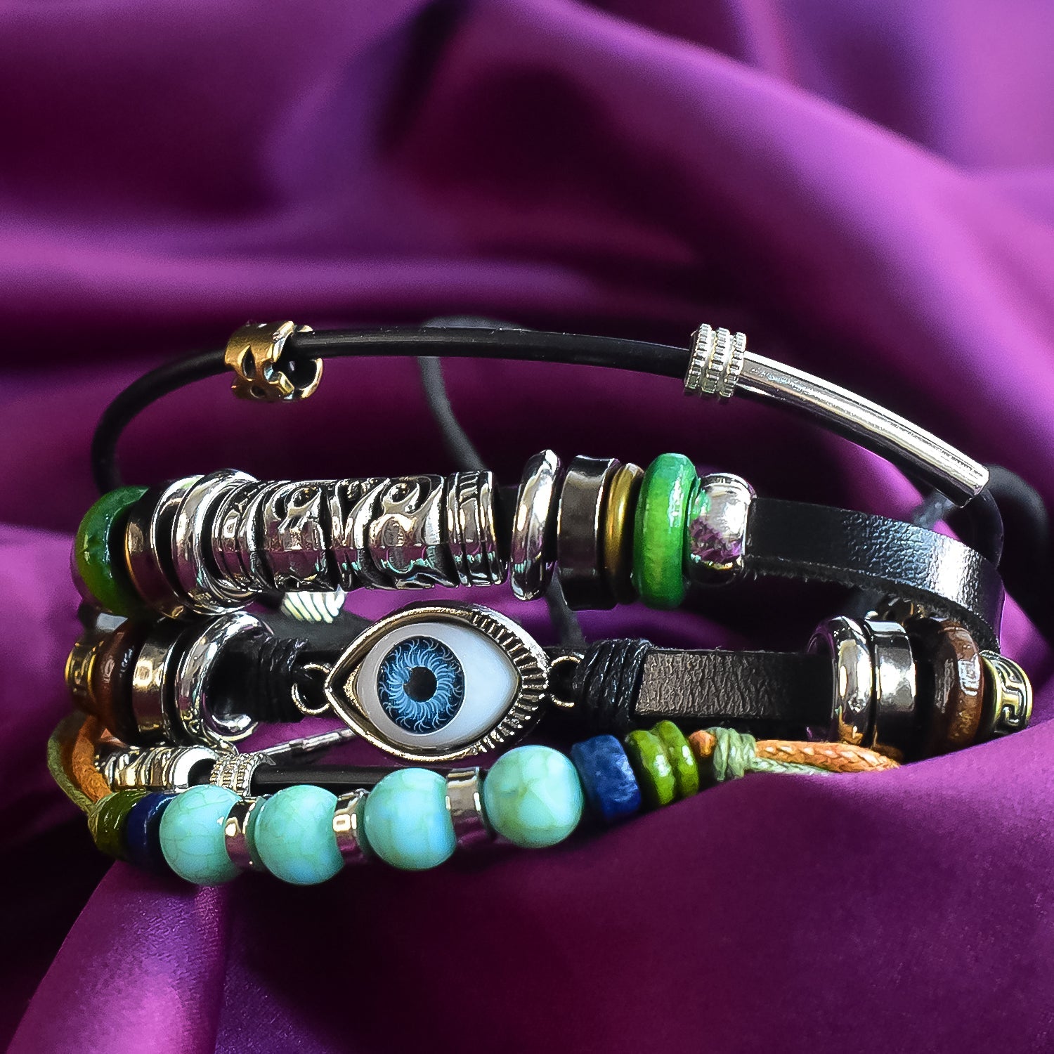 Leather Vintage Biker Cotton Thread Wood Strap Leaf Stackable Multi-strand Wrist Band  Bracelet