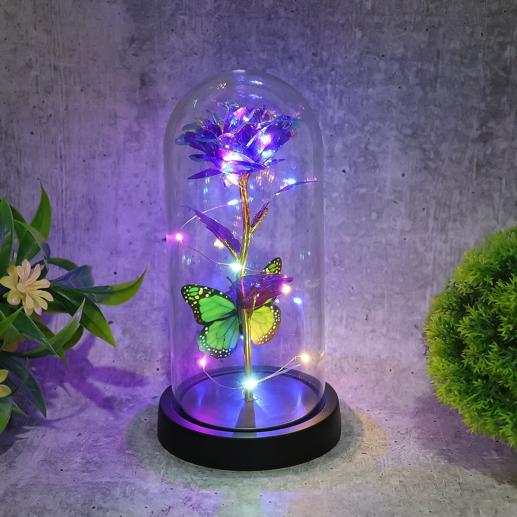 LED Preserved Rose with Colorful Butterfly in Plastic Dome (1 Pc & Mix Color)