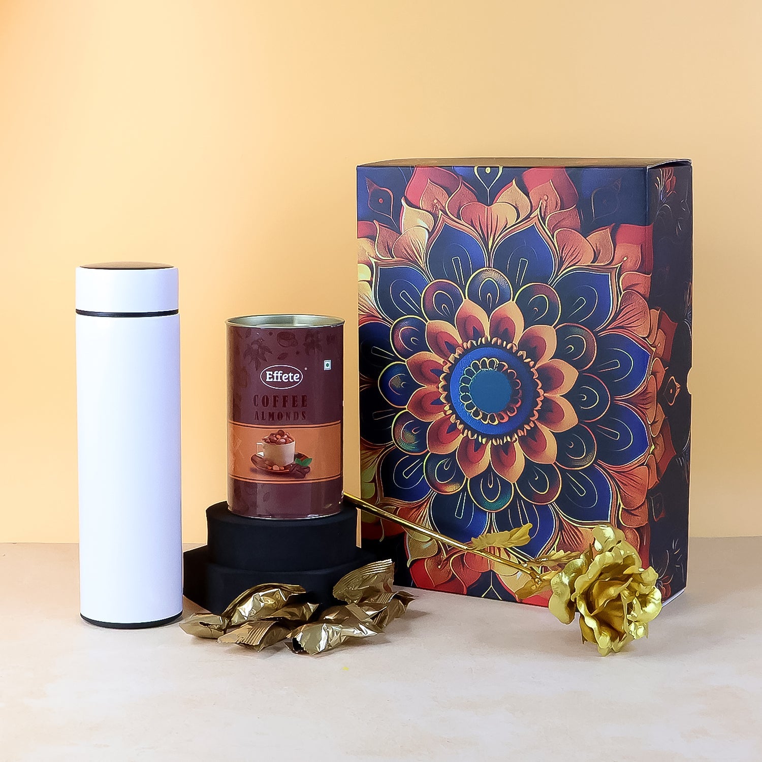 Effete Coffee Almonds Gift Hamper, Golden Rose With Bottle (3 Pc Set)