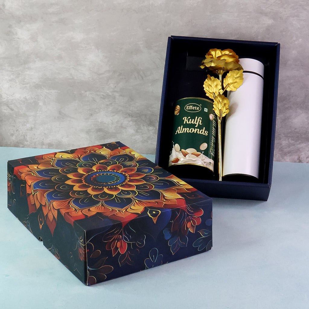 Effete Kulfi Almonds Gift Hamper, Golden Rose With Bottle (3 Pc Set)