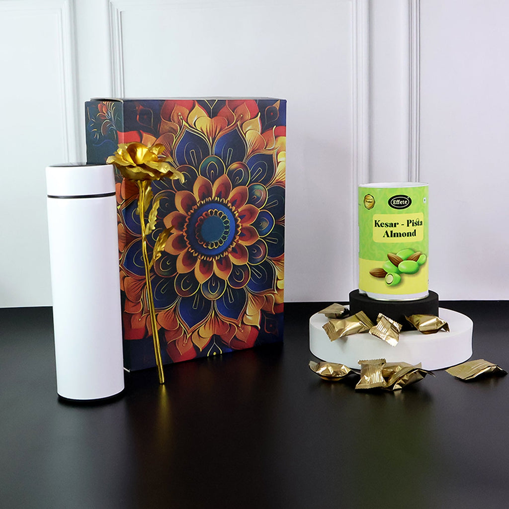 Effete Kesar Pista Almonds Gift Hamper, Golden Rose With Bottle (3 Pc Set)
