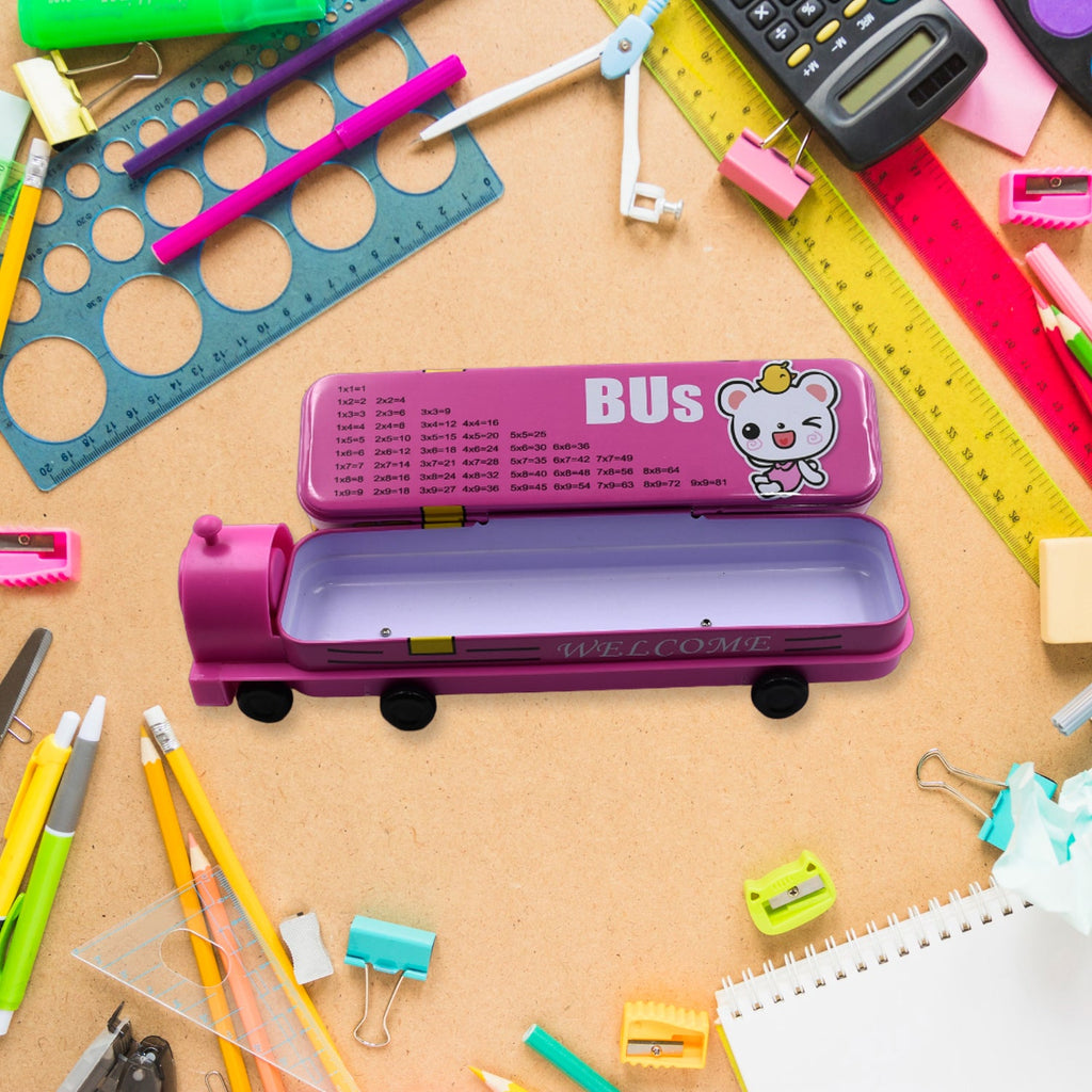 Double Decker Metal Bus Compass Case – 2-Layer with Movable Wheels & Sharpener for Kids