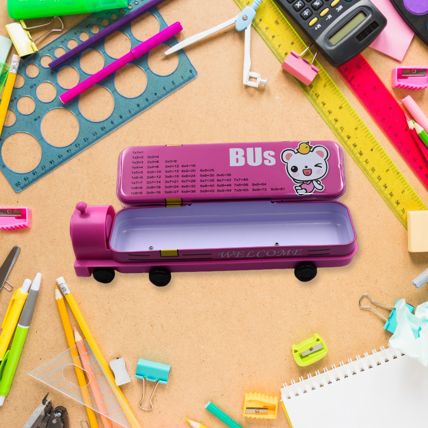 Double Decker Metal Bus Compass Case – 2-Layer with Movable Wheels & Sharpener for Kids