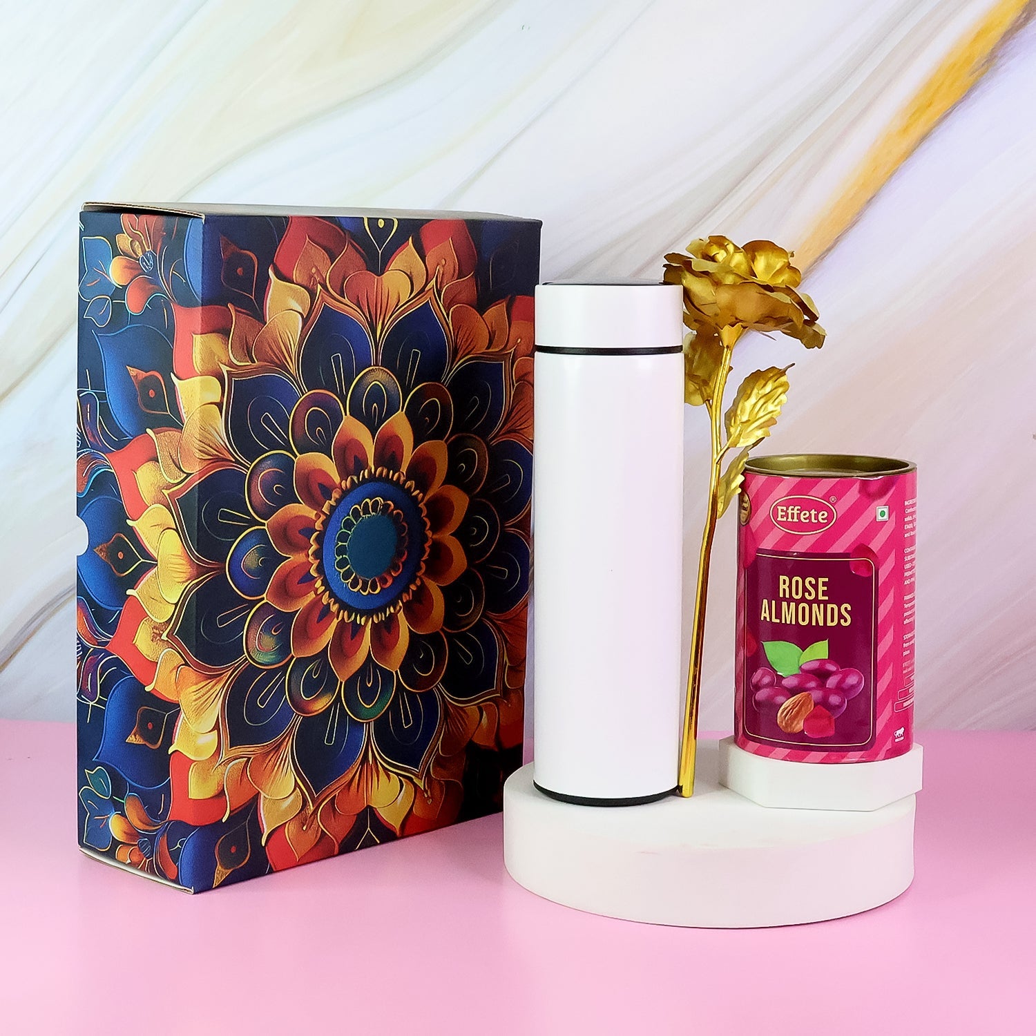 Effete Rose Almonds Gift Hamper, Golden Rose With Bottle (3 Pc Set)