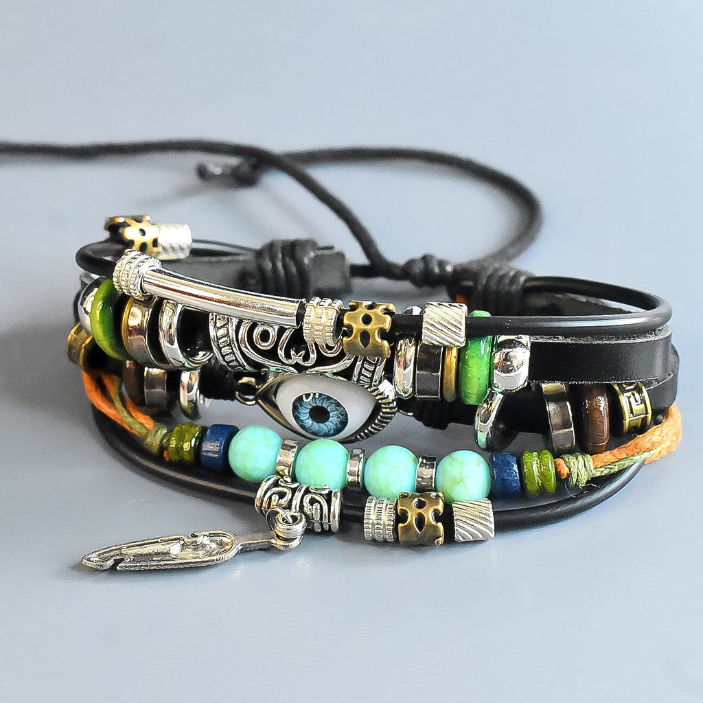 Leather Vintage Biker Cotton Thread Wood Strap Leaf Stackable Multi-strand Wrist Band  Bracelet