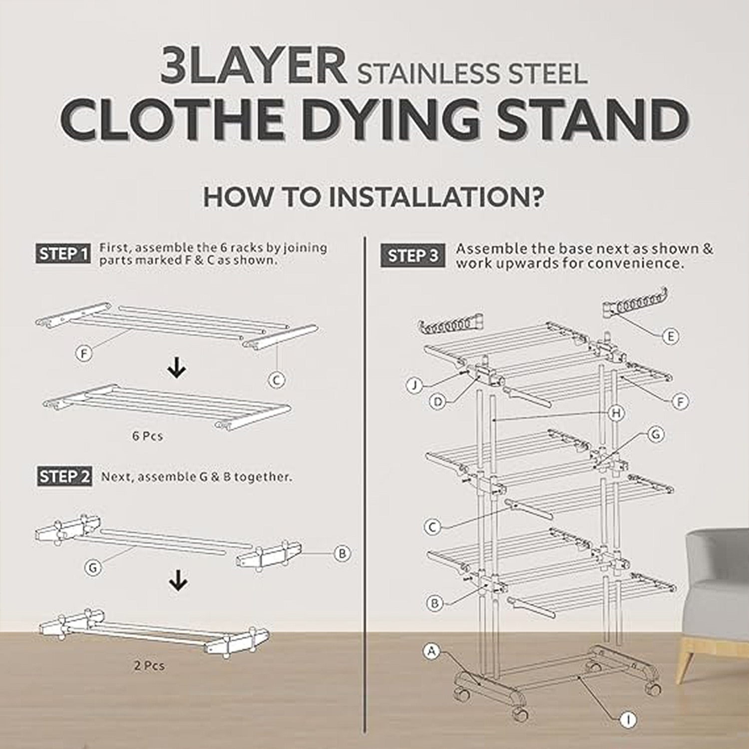 3-Tier Foldable Stainless Steel Cloth Drying Stand with Wheels
