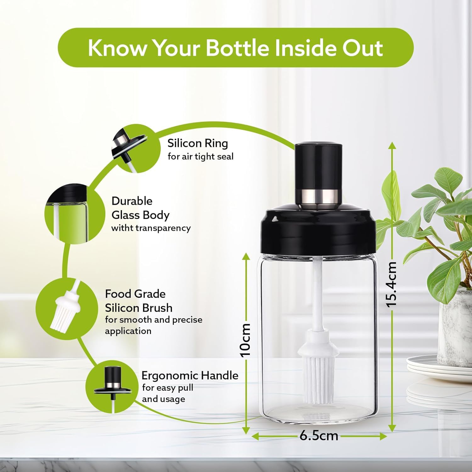 Clear Glass Oil Dispenser Bottle with Integrated Silicone Basting Brush (250ml Approx)