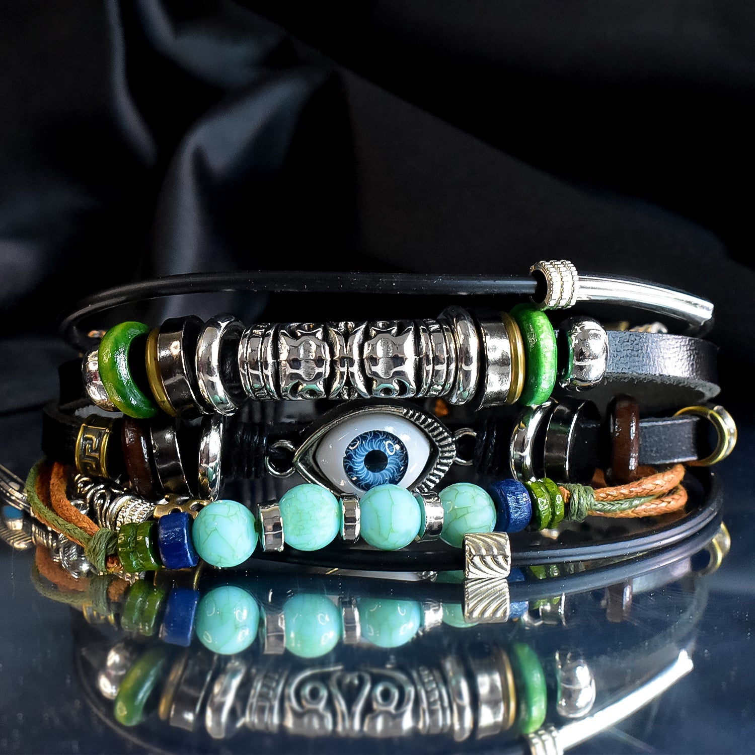 Leather Vintage Biker Cotton Thread Wood Strap Leaf Stackable Multi-strand Wrist Band  Bracelet