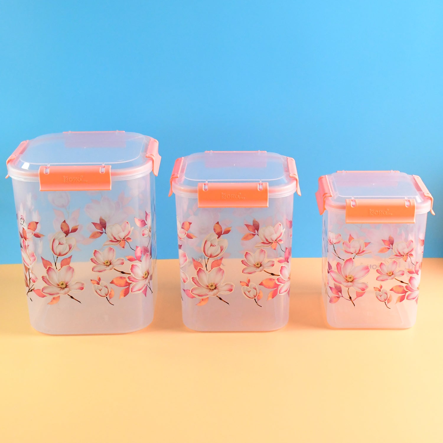 Square 3 Pcs Floral Printed Airtight Storage Container Set – Approx 2.8 Ltr, 4.5 Ltr, 6.9 Ltr (3 Pcs Set)