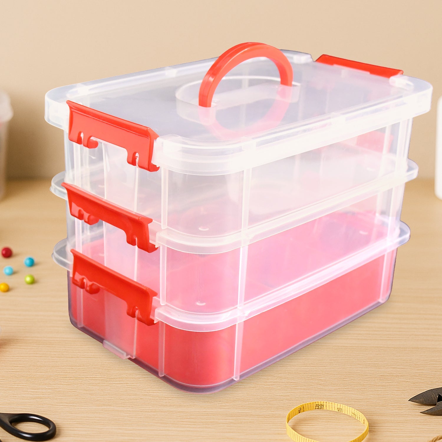 3-Layer Multi-Purpose Transparent Plastic Storage Carry Box with Handle