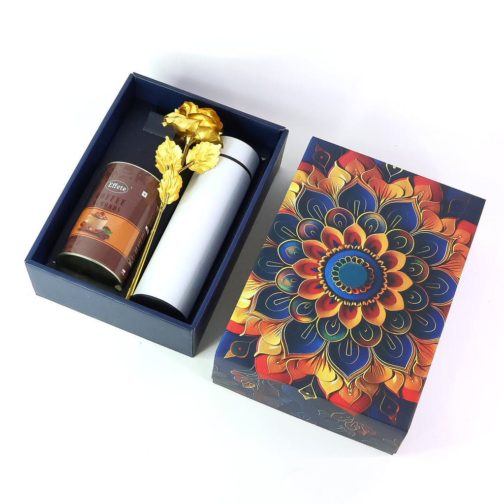Effete Coffee Almonds Gift Hamper, Golden Rose With Bottle (3 Pc Set)