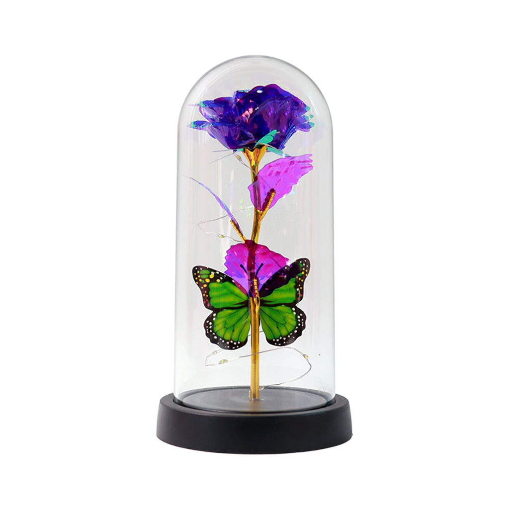LED Preserved Rose with Colorful Butterfly in Plastic Dome (1 Pc & Mix Color)