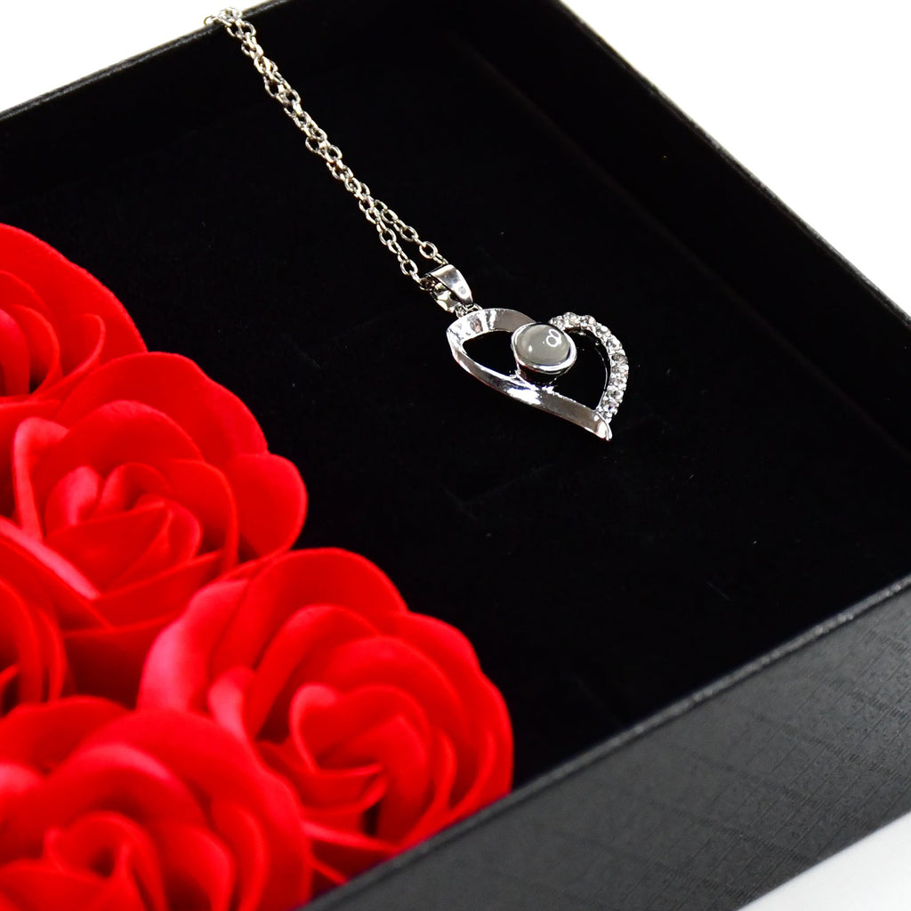 Rose Flower Gift Box, Handmade Eternal Rose with I Love You Necklace, Valentine's Day,