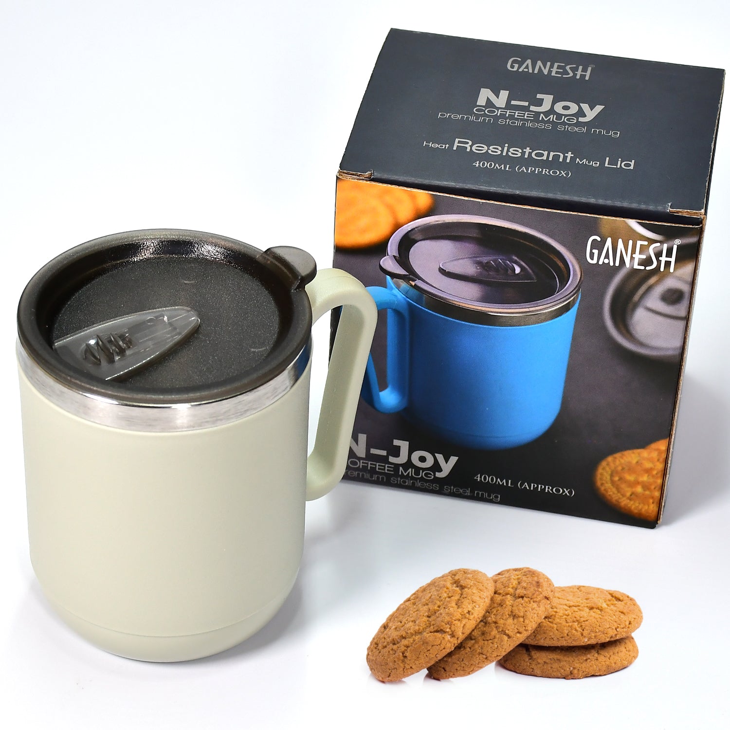 Customize Ganesh Premium Stainless Steel Coffee Mug with heat resistant mug lid. Approx 400Ml mug.