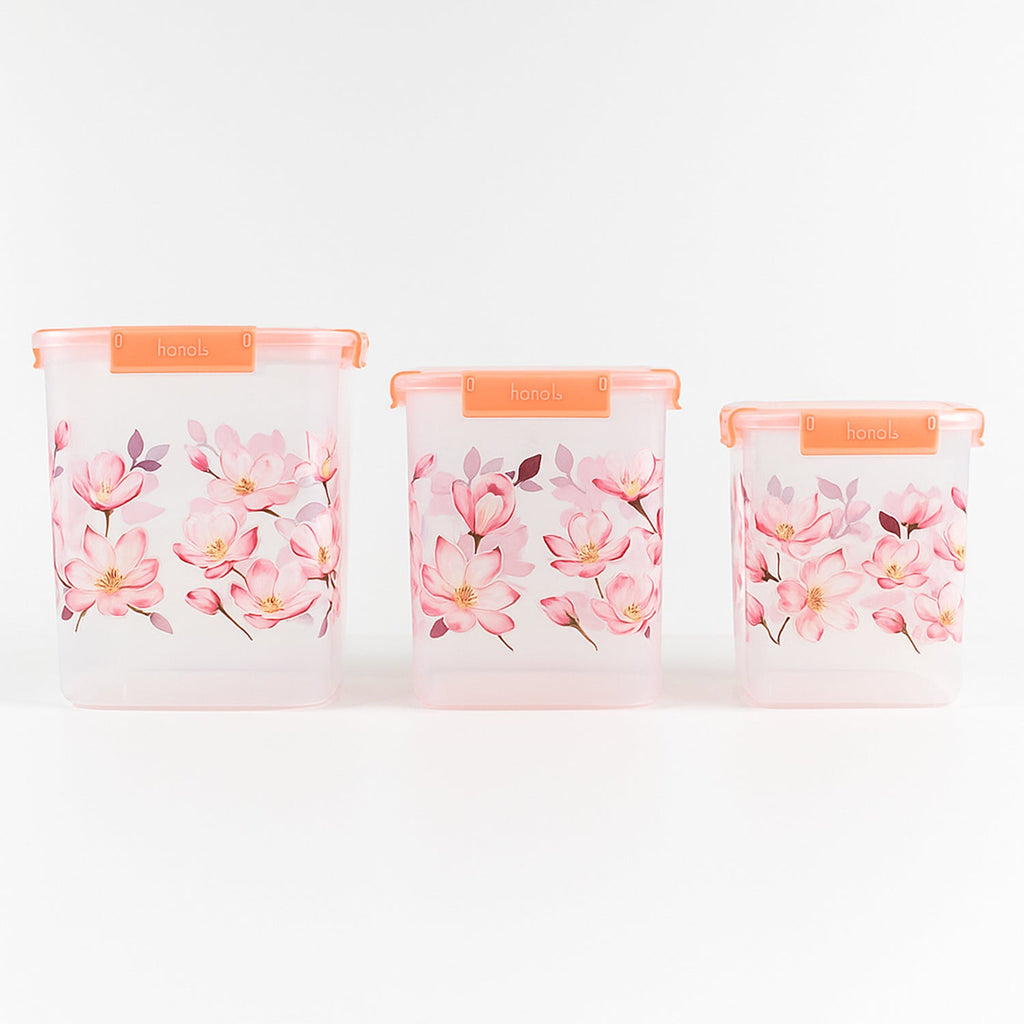 Square 3 Pcs Floral Printed Airtight Storage Container Set – Approx 2.8 Ltr, 4.5 Ltr, 6.9 Ltr (3 Pcs Set)