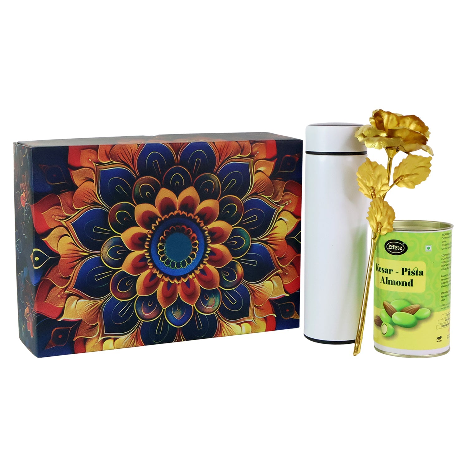 Effete Kesar Pista Almonds Gift Hamper, Golden Rose With Bottle (3 Pc Set)
