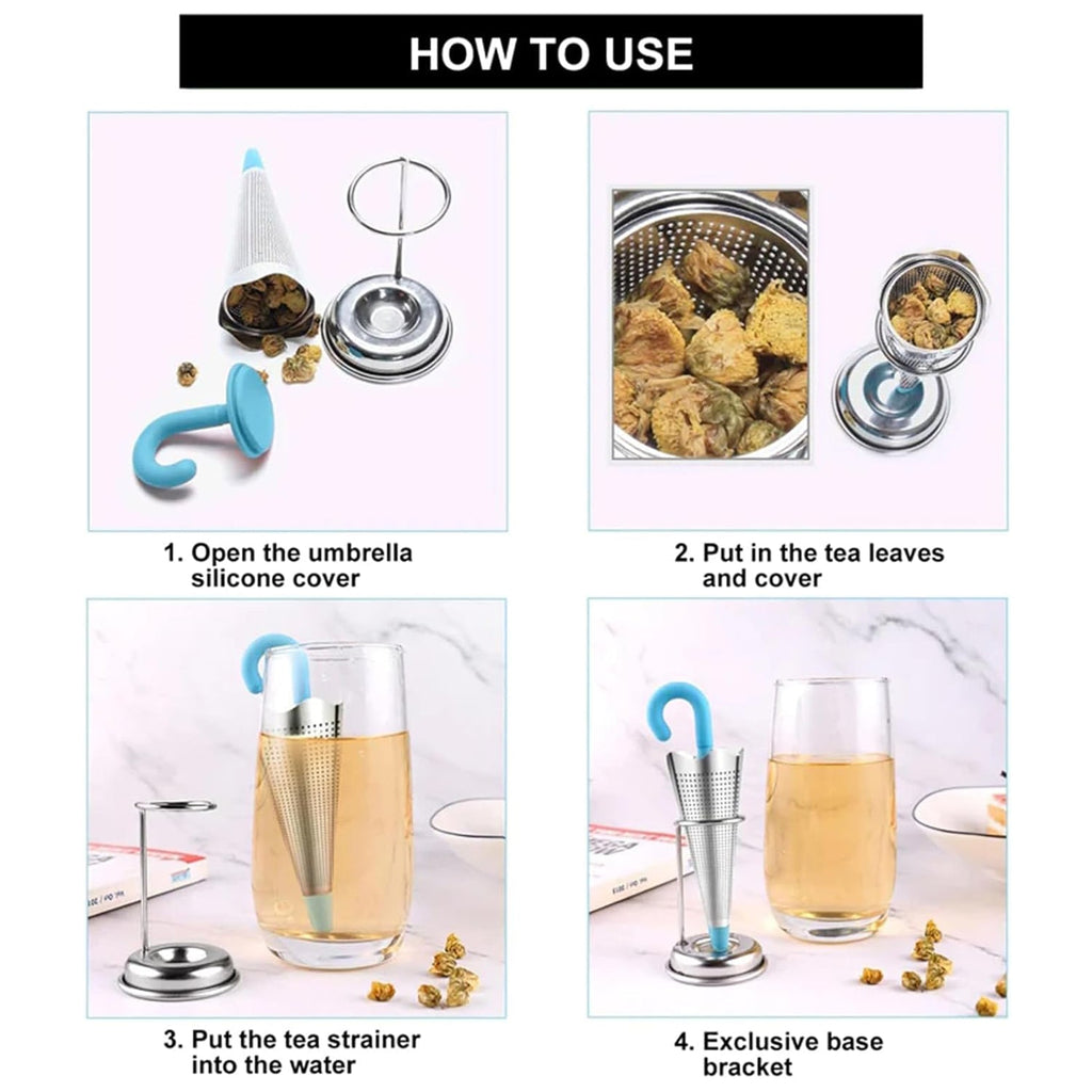 Reusable Cute Umbrella Tea Strainer With Tray / Stand (1 Pc)