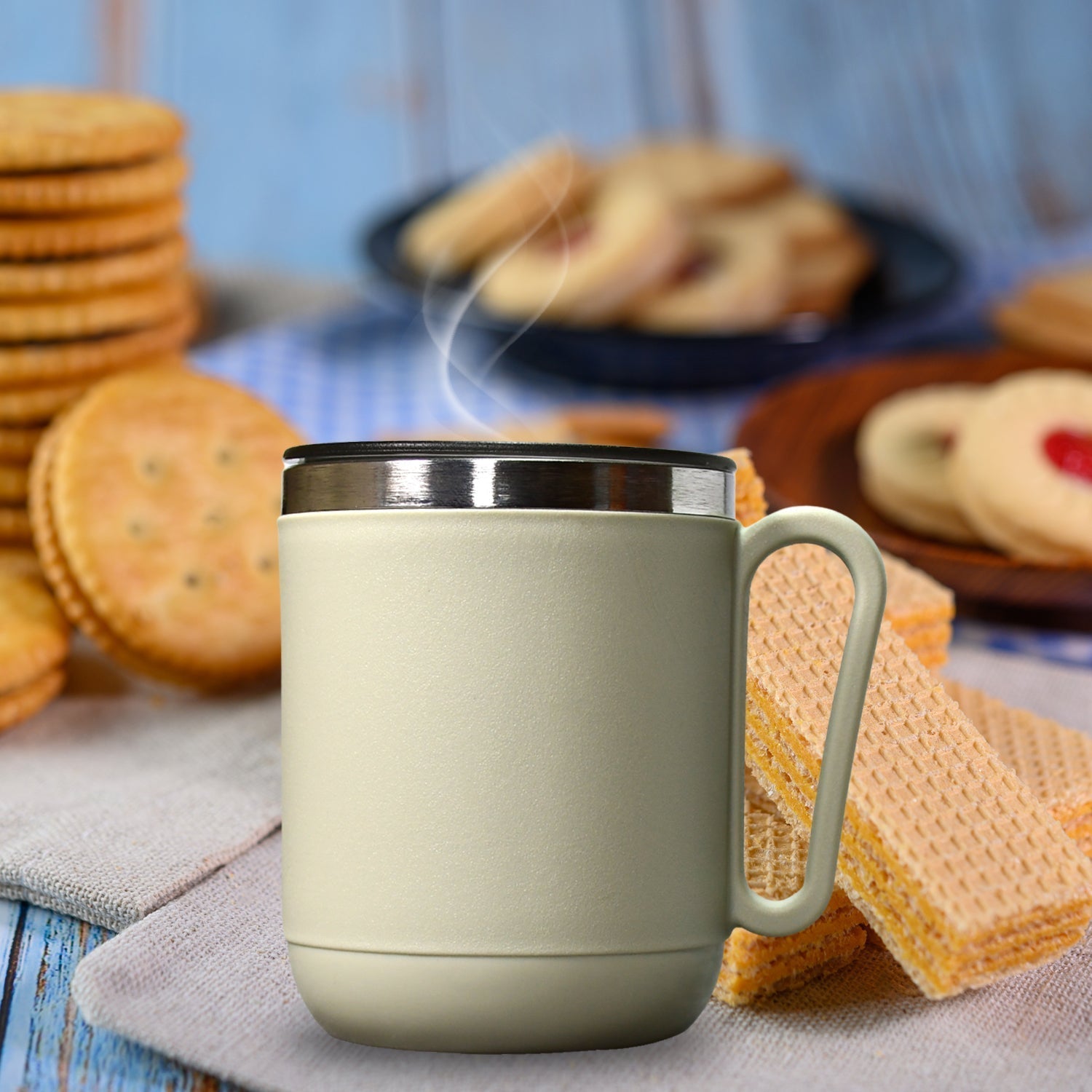 Customize Ganesh Premium Stainless Steel Coffee Mug with heat resistant mug lid. Approx 400Ml mug.