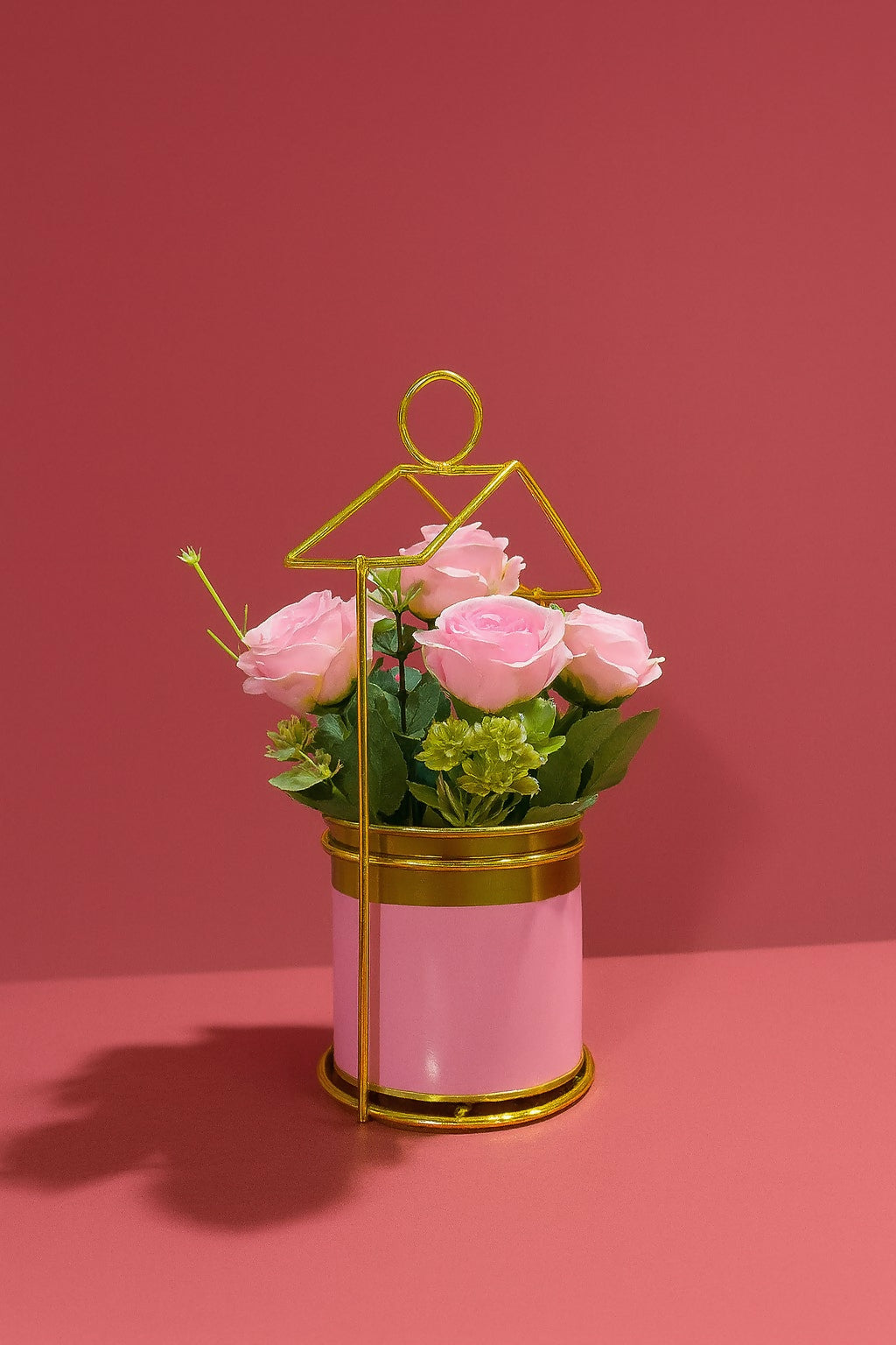 Artificial Light Pink Rose Flower Arrangement in Pink & Gold Metal Pot with Geometric Stand – Elegant Decorative Centerpiece for Home, Office, and Gifting